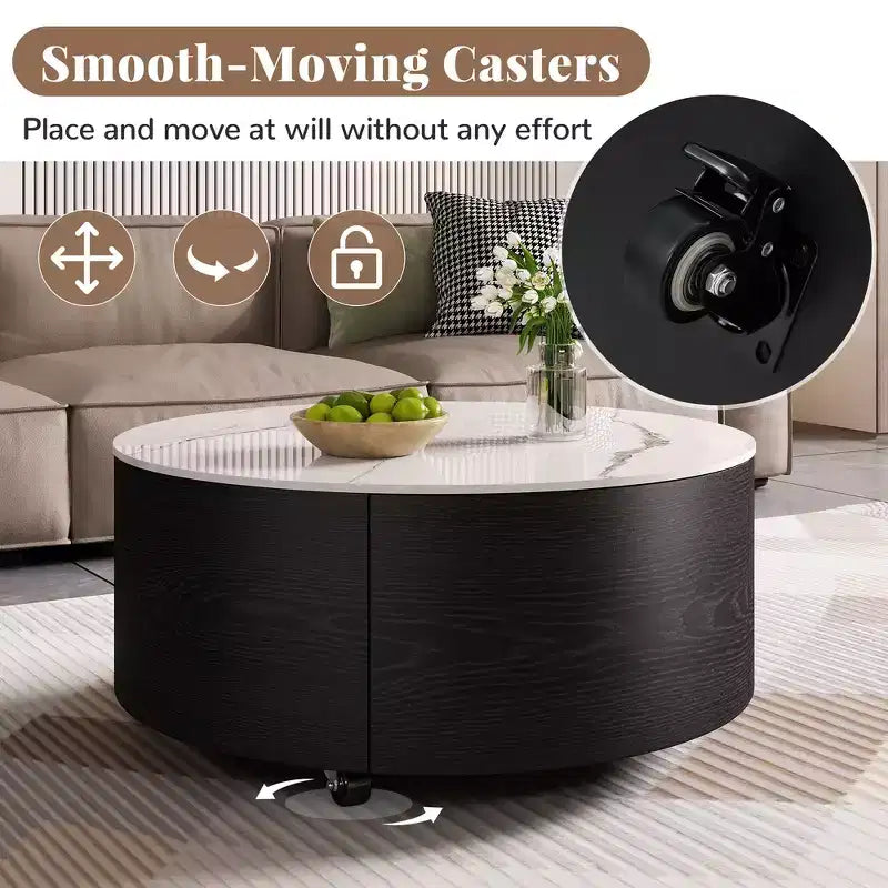 Table basse ronde moderne – avec plateau en pierre frittée, deux tiroirs et roulettes pivotantes