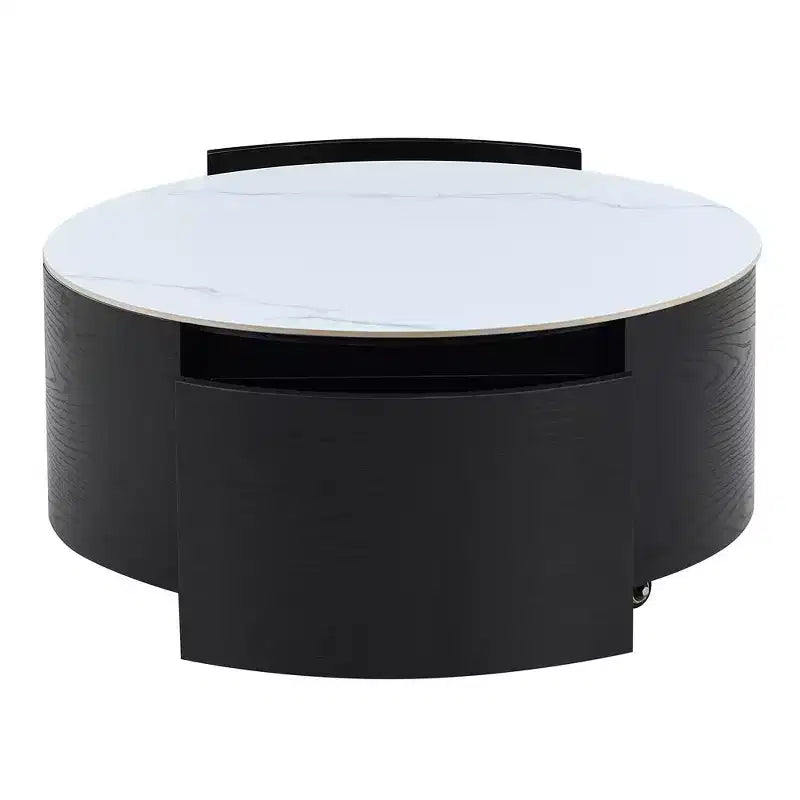 Table basse ronde moderne – avec plateau en pierre frittée, deux tiroirs et roulettes pivotantes