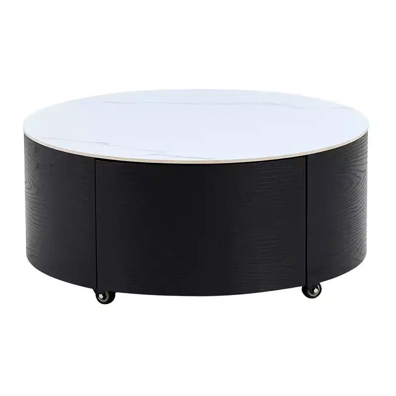 Table basse ronde moderne – avec plateau en pierre frittée, deux tiroirs et roulettes pivotantes