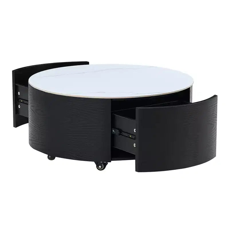Table basse ronde moderne – avec plateau en pierre frittée, deux tiroirs et roulettes pivotantes