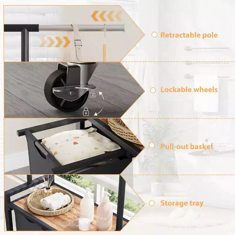 Rollbarer Wäschesortierwagen mit Kleiderstange, zweiteiliges Metallregal, feststellbare Rollen, Korb mit mehreren Taschen für Waschküche, Schlafzimmer und Badezimmer