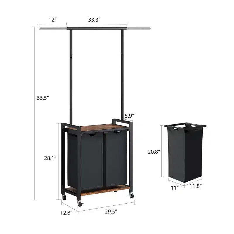 Rollbarer Wäschesortierwagen mit Kleiderstange, zweiteiliges Metallregal, feststellbare Rollen, Korb mit mehreren Taschen für Waschküche, Schlafzimmer und Badezimmer