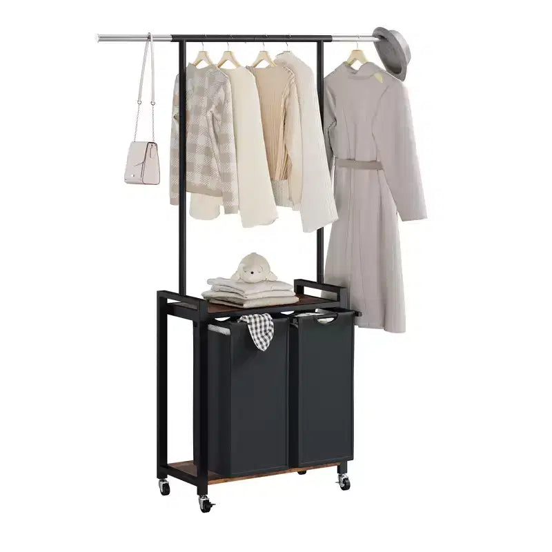 Rollbarer Wäschesortierwagen mit Kleiderstange, zweiteiliges Metallregal, feststellbare Rollen, Korb mit mehreren Taschen für Waschküche, Schlafzimmer und Badezimmer