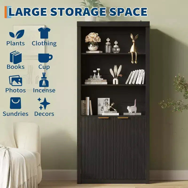 Grande bibliothèque à 5 niveaux avec portes et tiroir, largeur de 31.5'', étagère moderne autoportante, meuble de rangement réglable pour le bureau à domicile ou le salon