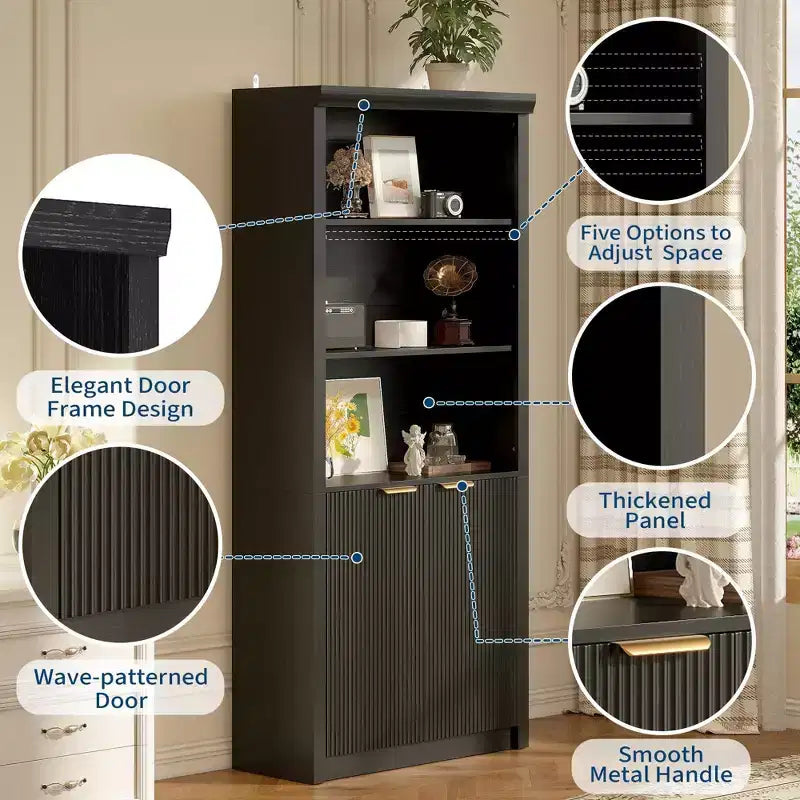 Grande bibliothèque à 5 niveaux avec portes et tiroir, largeur de 31.5'', étagère moderne autoportante, meuble de rangement réglable pour le bureau à domicile ou le salon