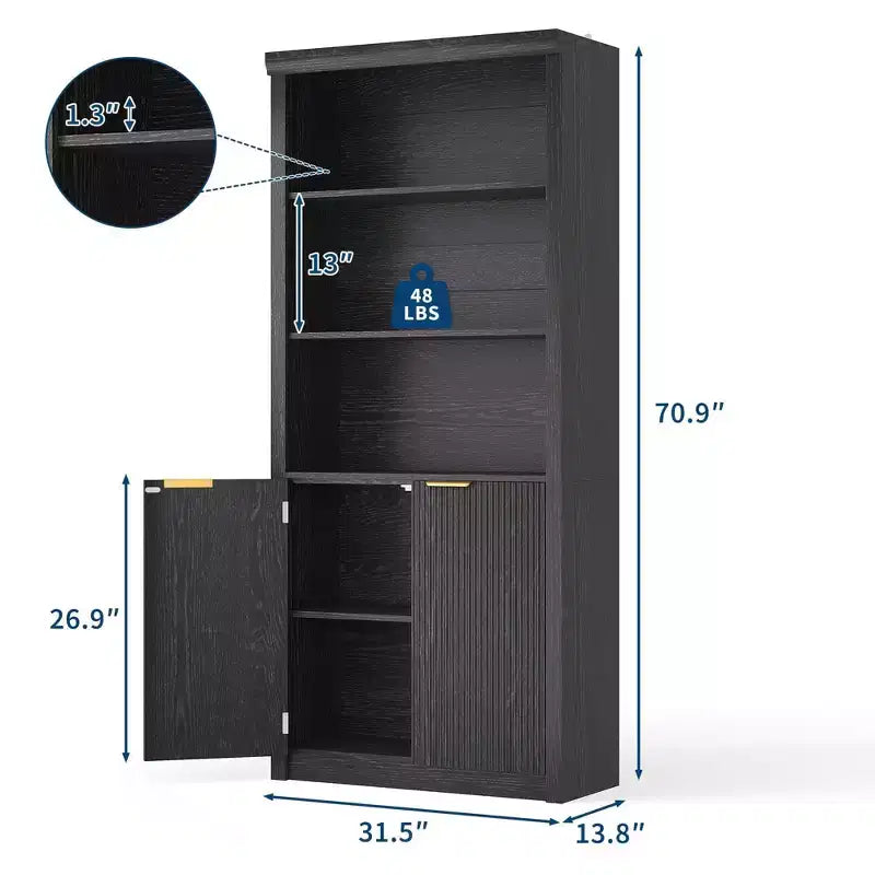 Grande bibliothèque à 5 niveaux avec portes et tiroir, largeur de 31.5'', étagère moderne autoportante, meuble de rangement réglable pour le bureau à domicile ou le salon