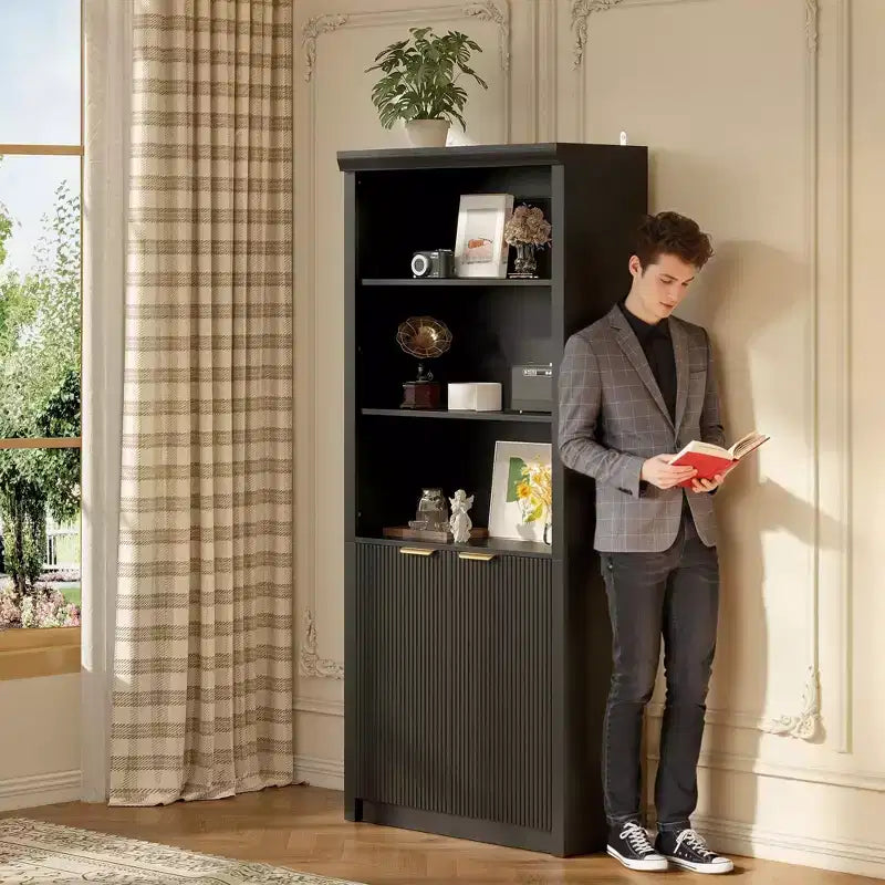 Grande bibliothèque à 5 niveaux avec portes et tiroir, largeur de 31.5'', étagère moderne autoportante, meuble de rangement réglable pour le bureau à domicile ou le salon