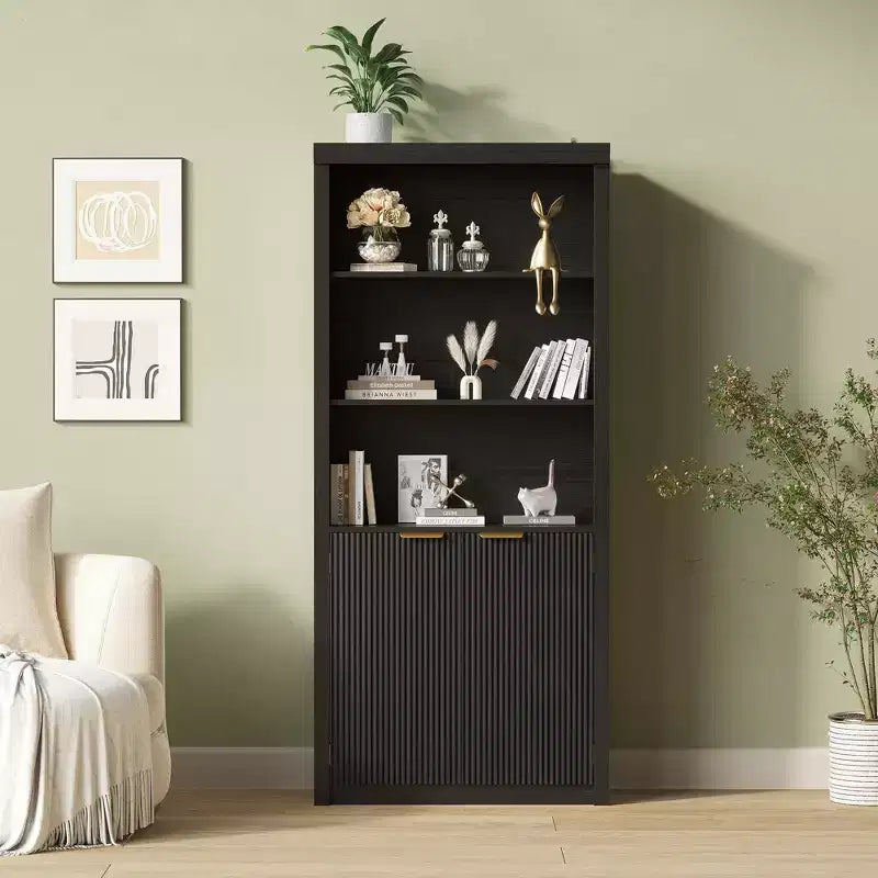 Grande bibliothèque à 5 niveaux avec portes et tiroir, largeur de 31.5'', étagère moderne autoportante, meuble de rangement réglable pour le bureau à domicile ou le salon