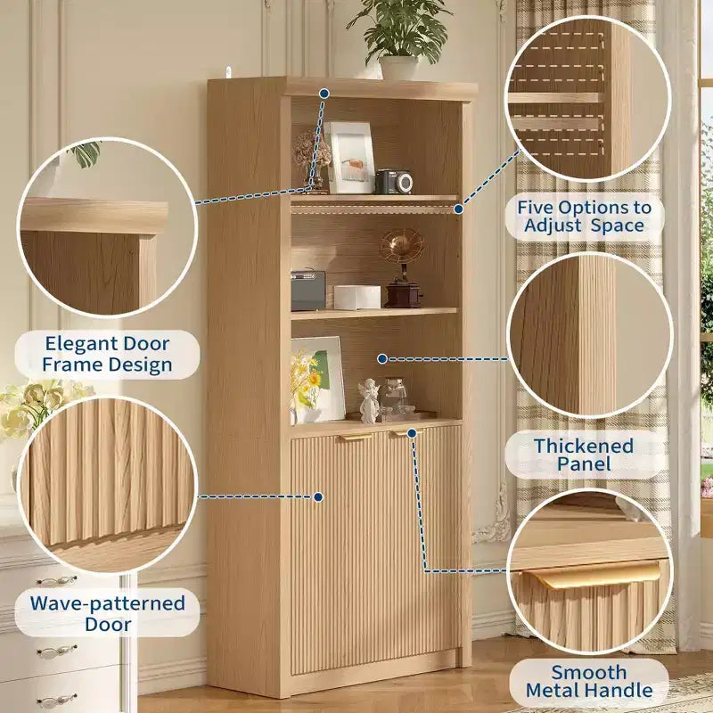 Grande bibliothèque à 5 niveaux avec portes et tiroir, largeur de 31.5'', étagère moderne autoportante, meuble de rangement réglable pour le bureau à domicile ou le salon