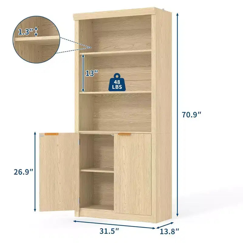 Grande bibliothèque à 5 niveaux avec portes et tiroir, largeur de 31.5'', étagère moderne autoportante, meuble de rangement réglable pour le bureau à domicile ou le salon