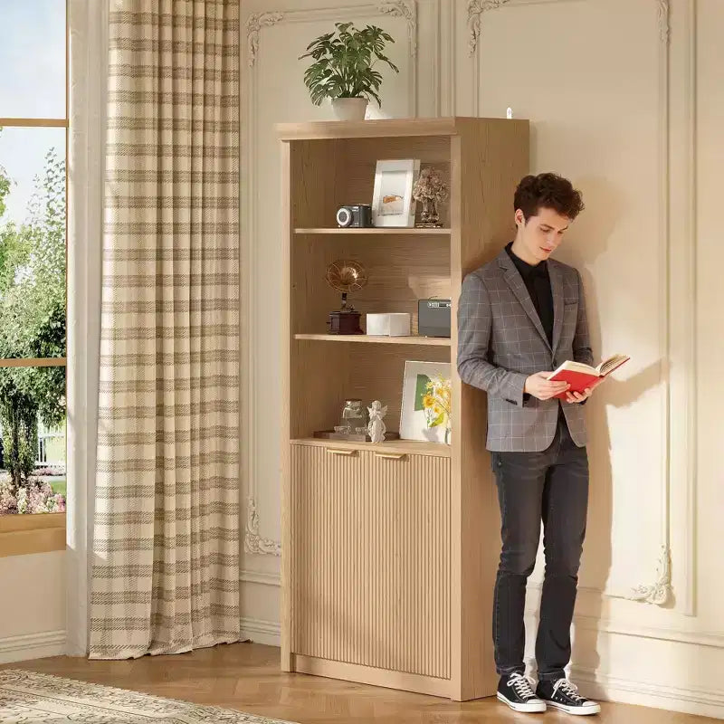 Grande bibliothèque à 5 niveaux avec portes et tiroir, largeur de 31.5'', étagère moderne autoportante, meuble de rangement réglable pour le bureau à domicile ou le salon