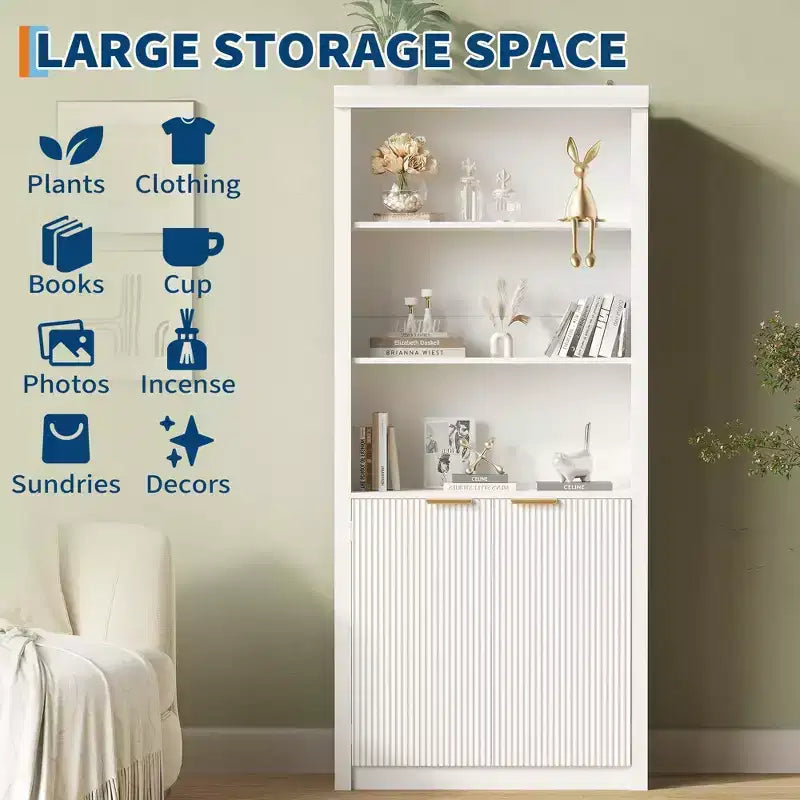Grande bibliothèque à 5 niveaux avec portes et tiroir, largeur de 31.5'', étagère moderne autoportante, meuble de rangement réglable pour le bureau à domicile ou le salon