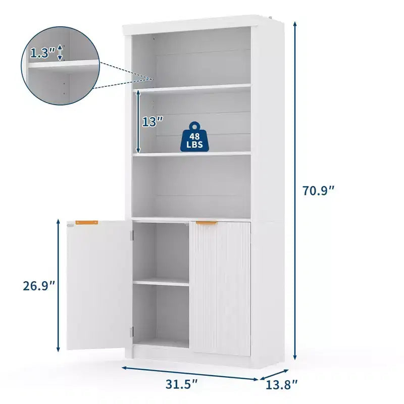 Grande bibliothèque à 5 niveaux avec portes et tiroir, largeur de 31.5'', étagère moderne autoportante, meuble de rangement réglable pour le bureau à domicile ou le salon