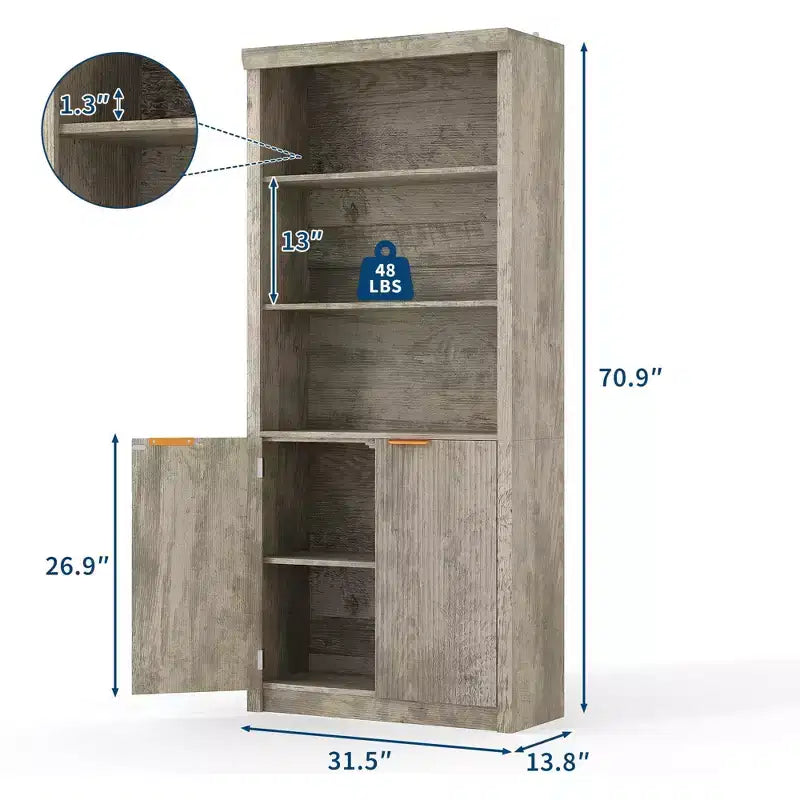 Grande bibliothèque à 5 niveaux avec portes et tiroir, largeur de 31.5'', étagère moderne autoportante, meuble de rangement réglable pour le bureau à domicile ou le salon