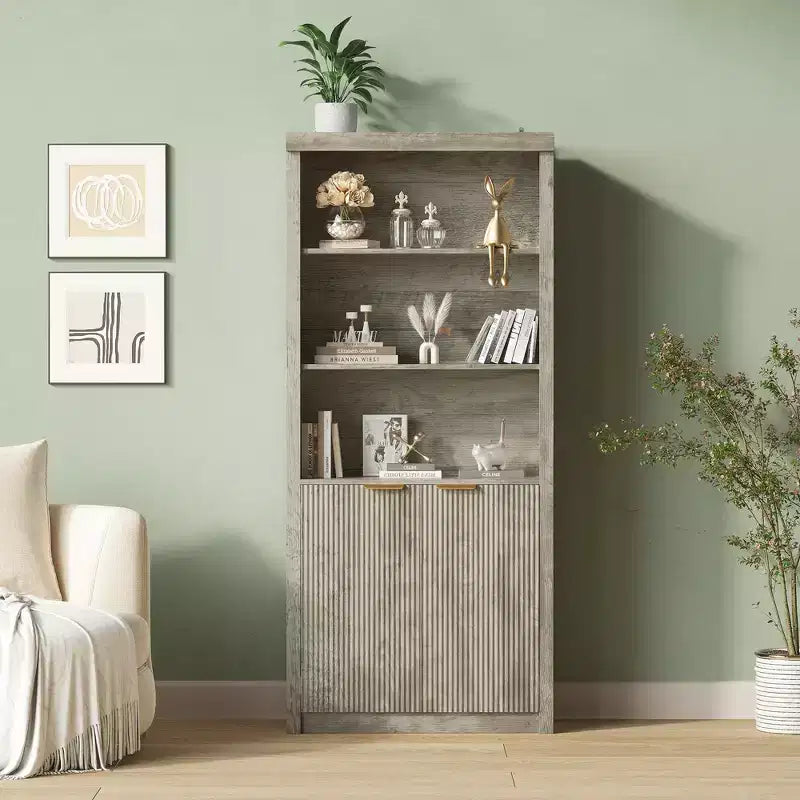 Grande bibliothèque à 5 niveaux avec portes et tiroir, largeur de 31.5'', étagère moderne autoportante, meuble de rangement réglable pour le bureau à domicile ou le salon