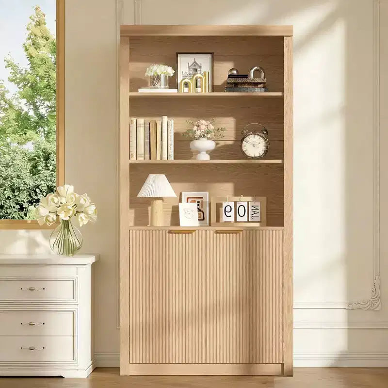 Hoher Bücherschrank mit 5 Ebenen, Türen und Schublade, 31.5'' B freistehendes modernes Bücherregal, verstellbarer Aufbewahrungsschrank fürs Homeoffice oder Wohnzimmer