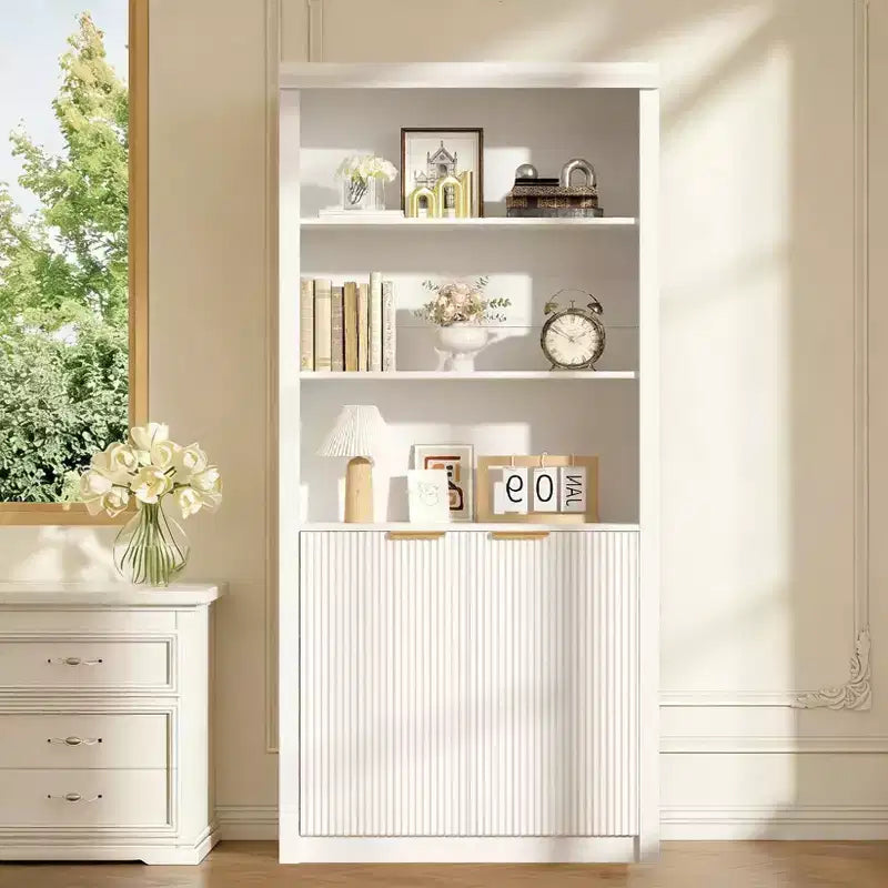 Hoher Bücherschrank mit 5 Ebenen, Türen und Schublade, 31.5'' B freistehendes modernes Bücherregal, verstellbarer Aufbewahrungsschrank fürs Homeoffice oder Wohnzimmer