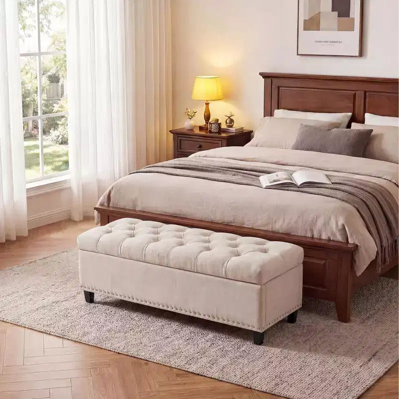 Banc coffre rembourré capitonné de 50.8 pouces, coffre de rangement au pied du lit, banc d’entrée à couvercle rabattable avec charnière à fermeture lente et sécurisée, pour le salon