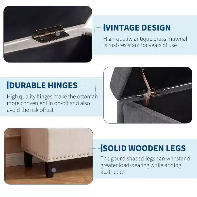Banc coffre rembourré capitonné de 50.8 pouces, coffre de rangement au pied du lit, banc d’entrée à couvercle rabattable avec charnière à fermeture lente et sécurisée, pour le salon