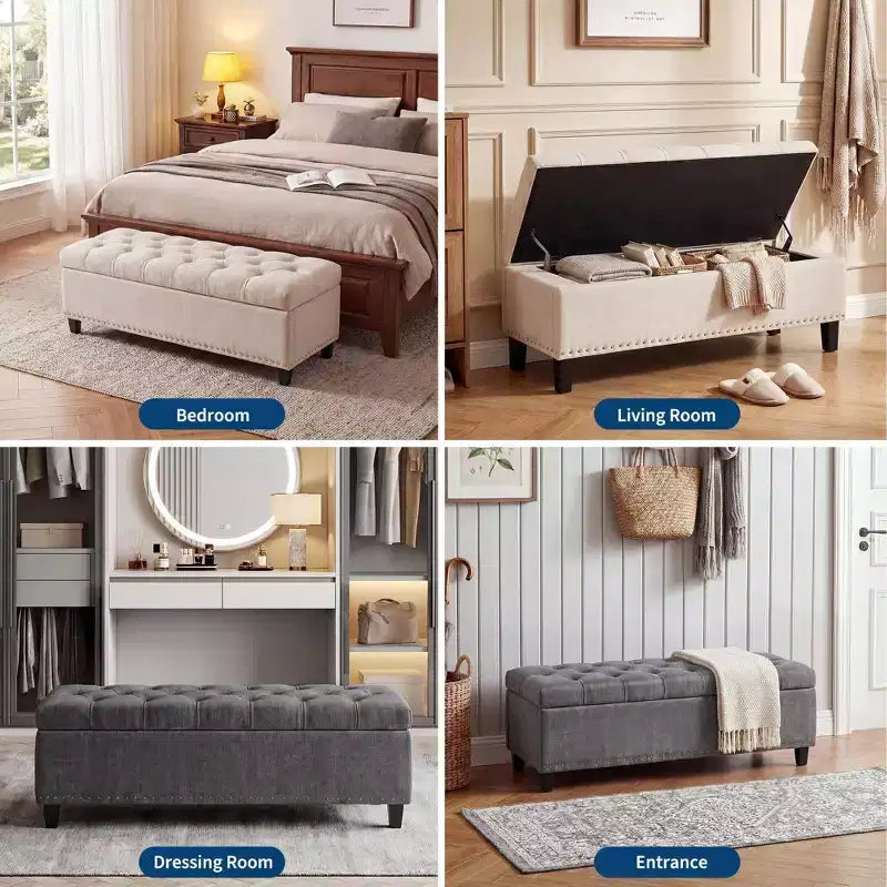 Banc coffre rembourré capitonné de 50.8 pouces, coffre de rangement au pied du lit, banc d’entrée à couvercle rabattable avec charnière à fermeture lente et sécurisée, pour le salon