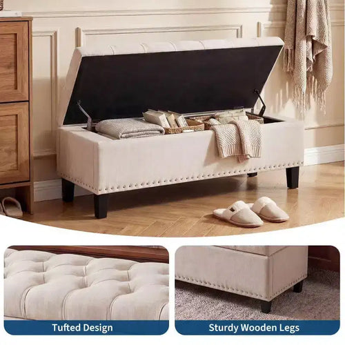 Banc coffre rembourré capitonné de 50.8 pouces, coffre de rangement au pied du lit, banc d’entrée à couvercle rabattable avec charnière à fermeture lente et sécurisée, pour le salon