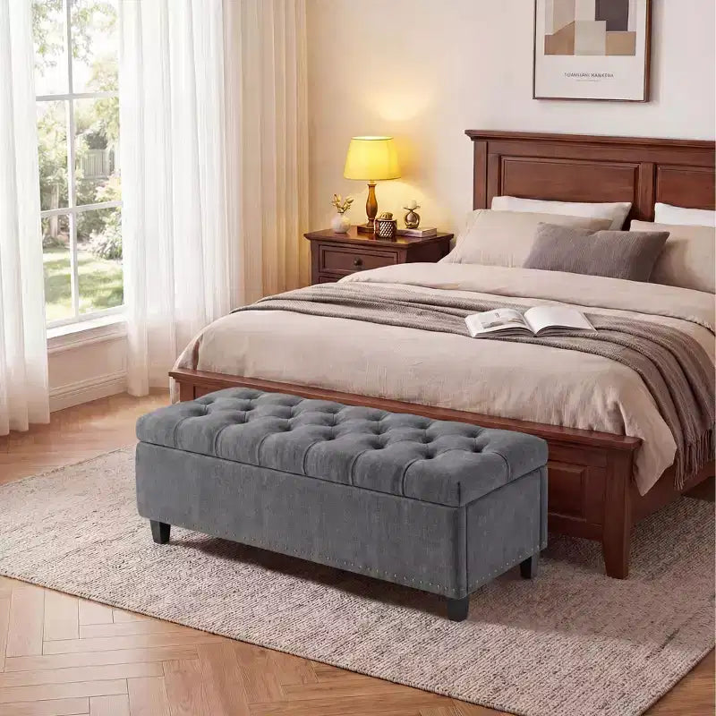 Banc coffre rembourré capitonné de 50.8 pouces, coffre de rangement au pied du lit, banc d’entrée à couvercle rabattable avec charnière à fermeture lente et sécurisée, pour le salon