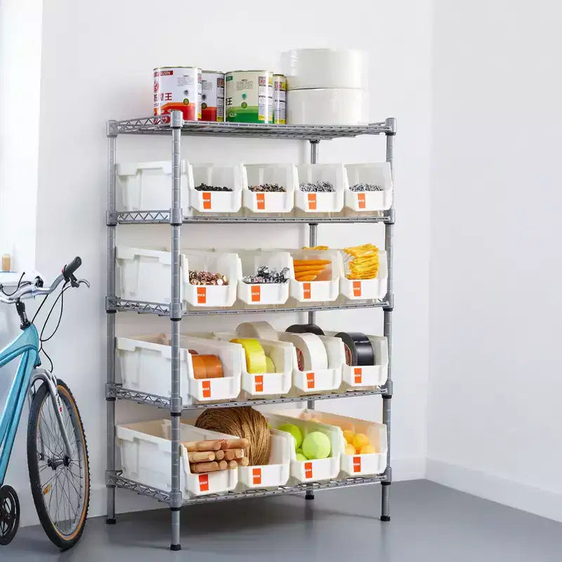 Étagère de rangement roulante à 5 niveaux avec 16 bacs de rangement, système de rayonnage en acier avec roulettes, organiseur mobile pour outils, argenté et blanc
