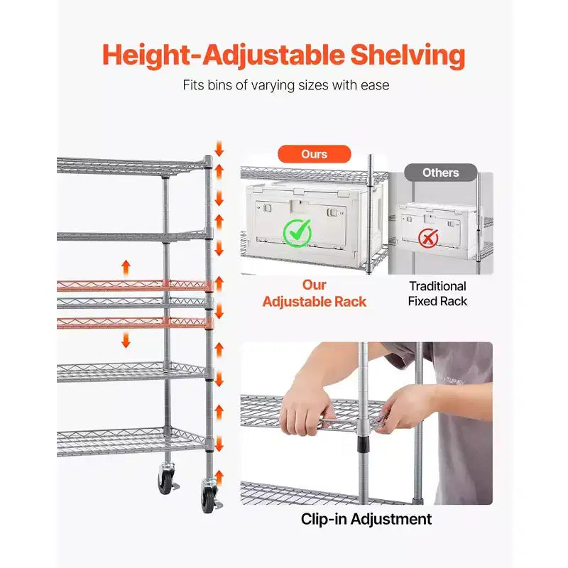 Étagère de rangement roulante à 5 niveaux avec 16 bacs de rangement, système de rayonnage en acier avec roulettes, organiseur mobile pour outils, argenté et blanc