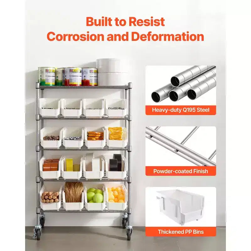 Étagère de rangement roulante à 5 niveaux avec 16 bacs de rangement, système de rayonnage en acier avec roulettes, organiseur mobile pour outils, argenté et blanc