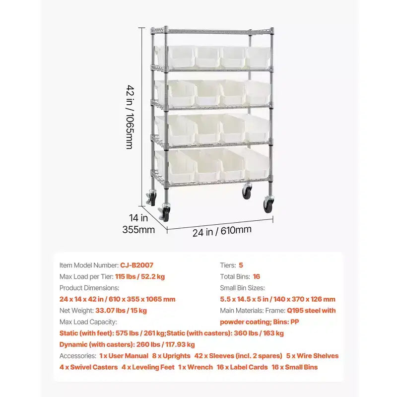 Étagère de rangement roulante à 5 niveaux avec 16 bacs de rangement, système de rayonnage en acier avec roulettes, organiseur mobile pour outils, argenté et blanc